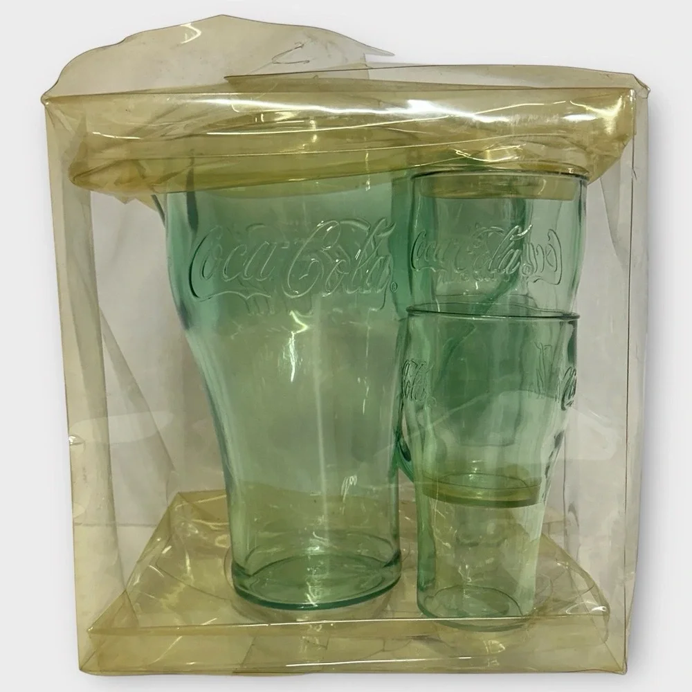 NIB Coca-Cola Bell Soda Set 5 Piece Pitcher & 4 Drinking Cups Plastic VTG NOS